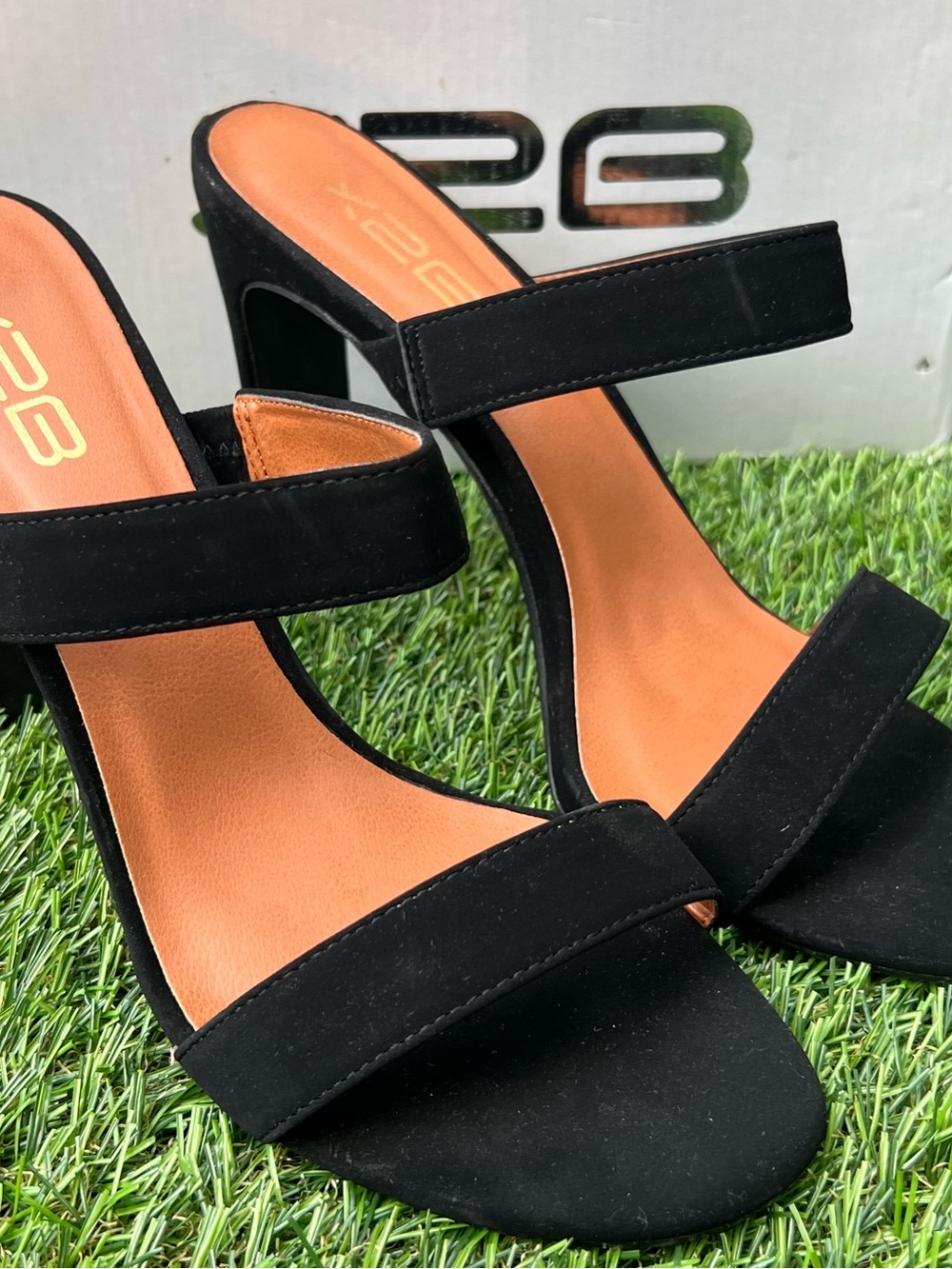 Women's Black Two-Strap Block Heel Sandals